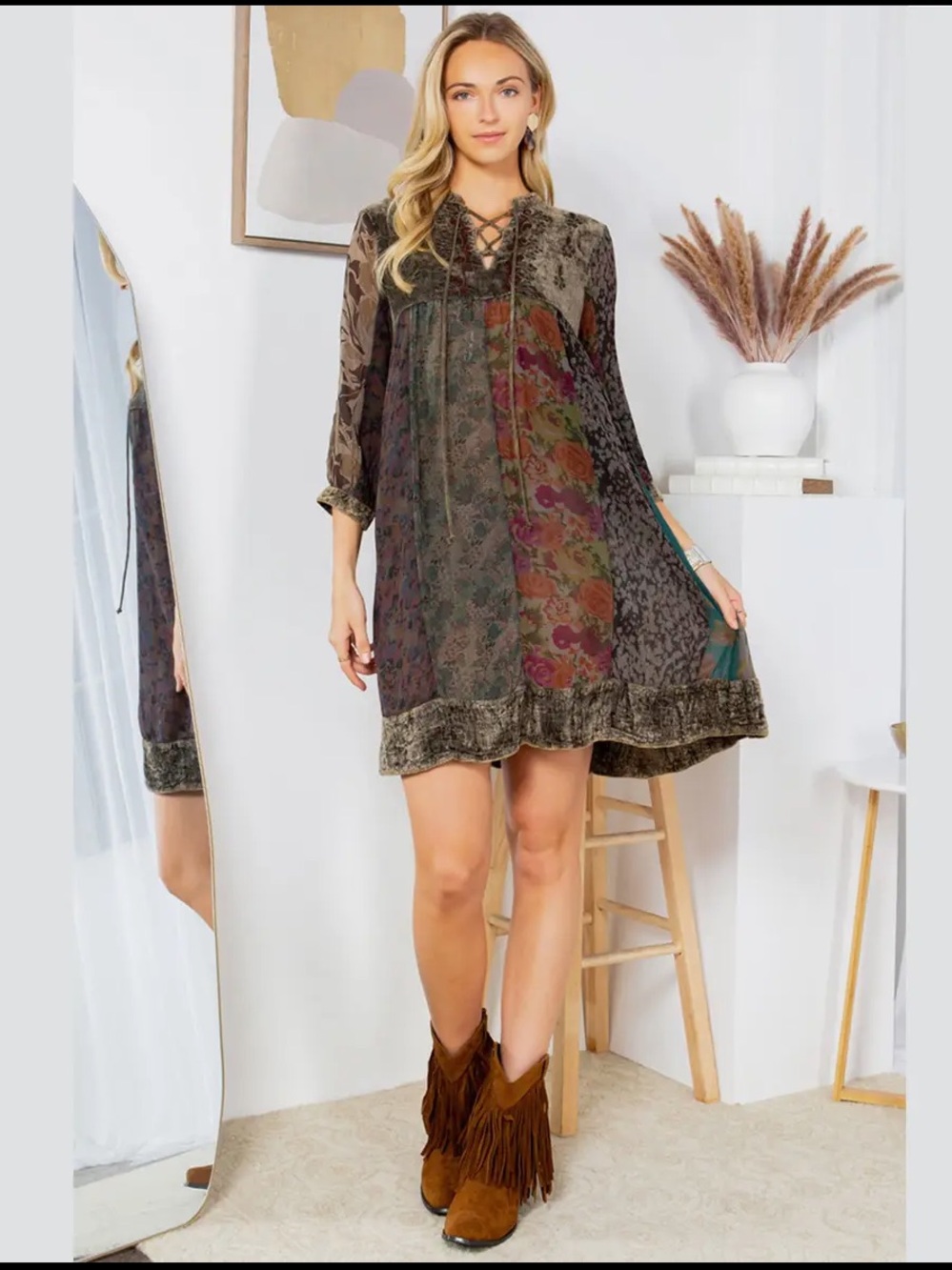 YOUNG THREADS Boho Chic Floral Patchwork Swing Dress